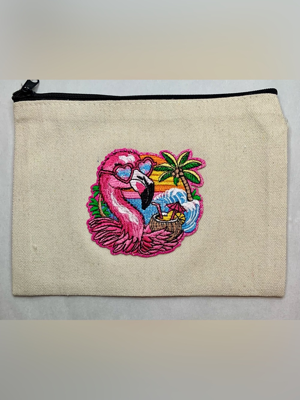 Pink Flamingo Embroidered patch on Canvas Zipper Pouch